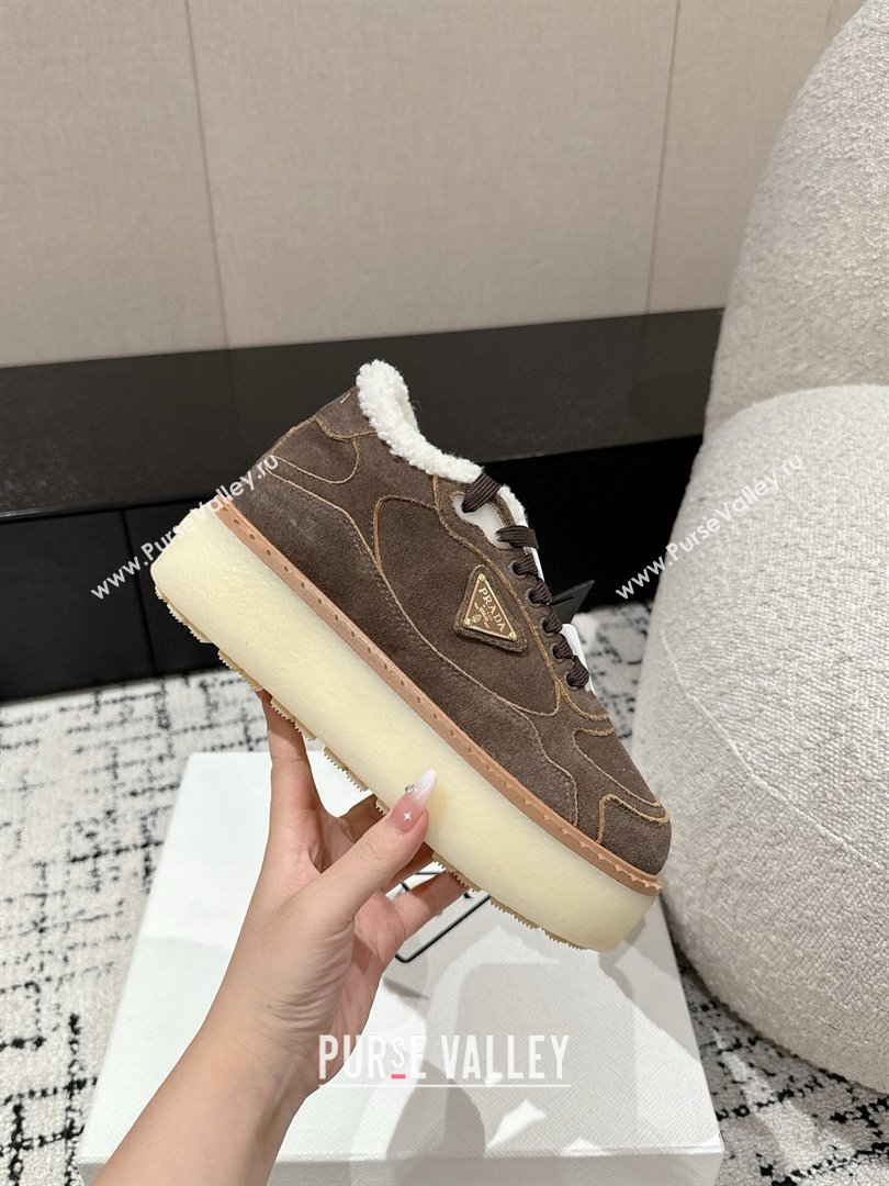 Prada Suede Mid-top Platform Sneakers with Shearling Lining 1T725N Taupe Grey 2024 (KER-241122053)