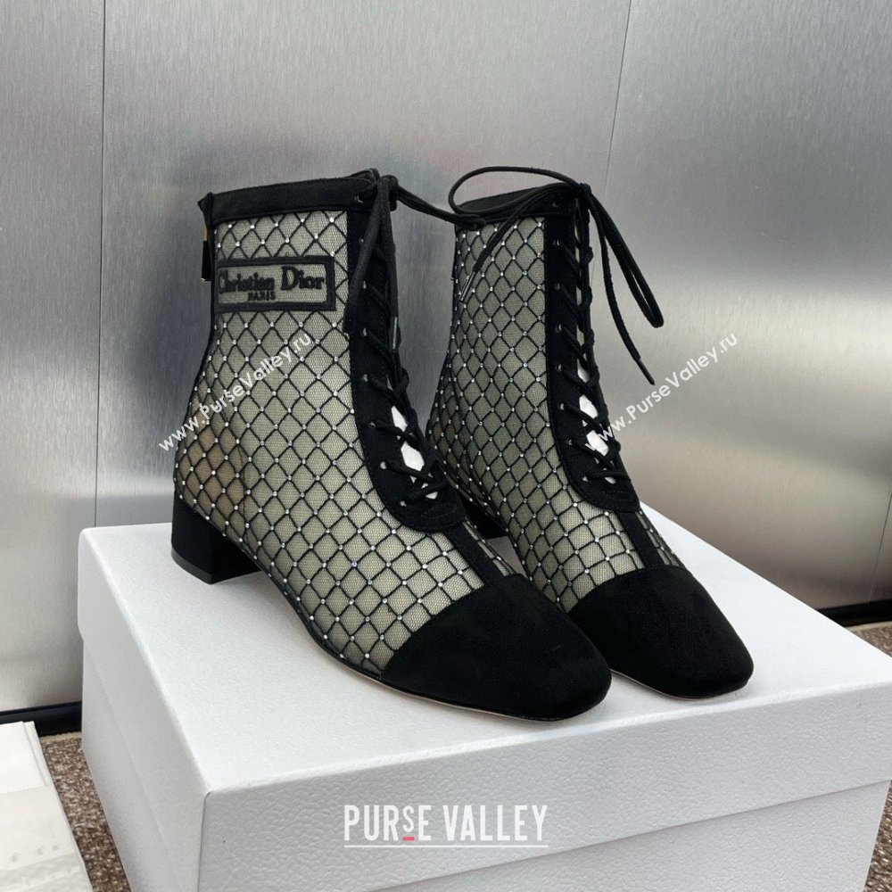 Dior Naughtily-D Heeled Ankle Boots 6.5cm in Transparent Mesh Embroidered with Strass and Black Suede 2024 (MD-241122042)