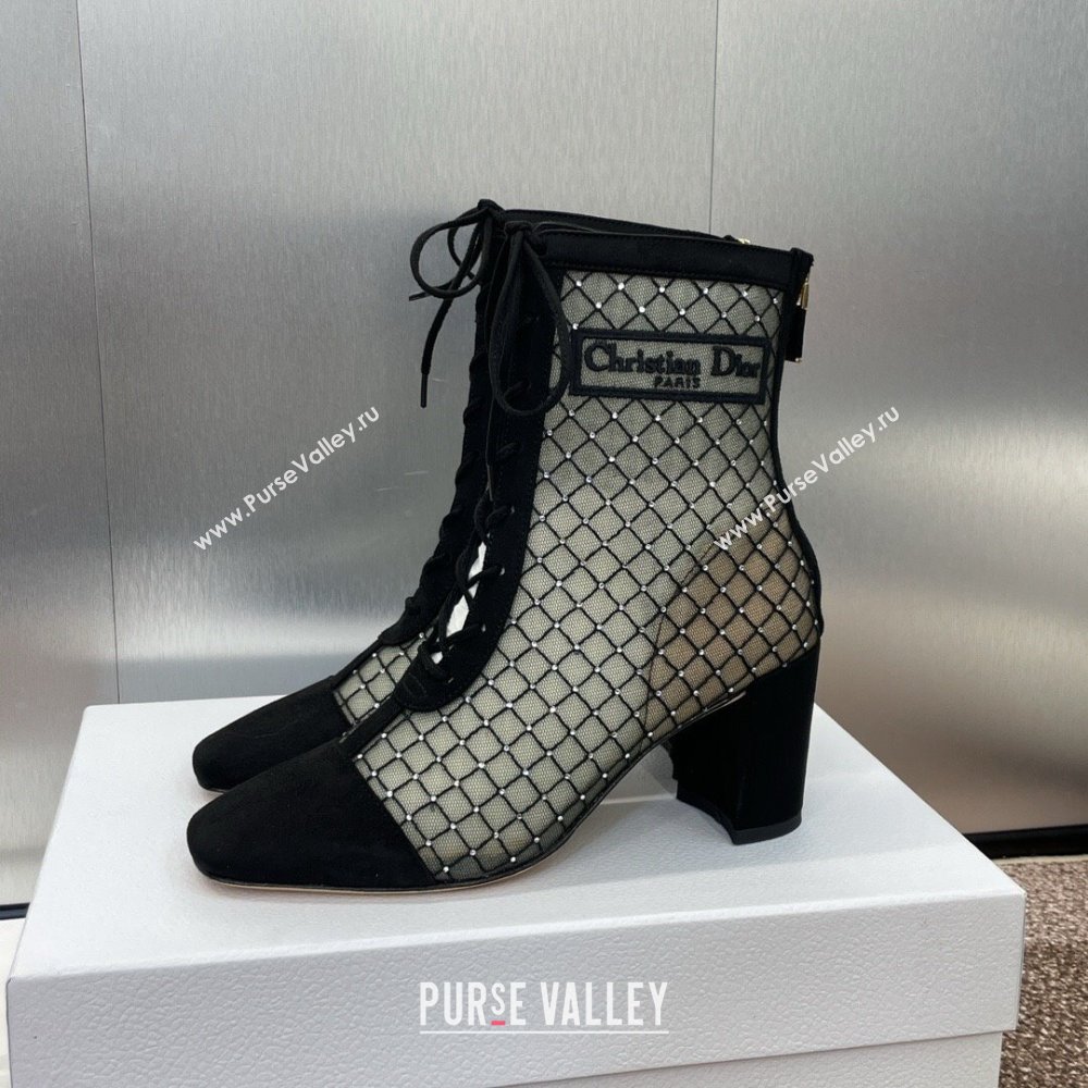 Dior Naughtily-D Heeled Ankle Boots 6.5cm in Transparent Mesh Embroidered with Strass and Black Suede 2024 (MD-241122042)