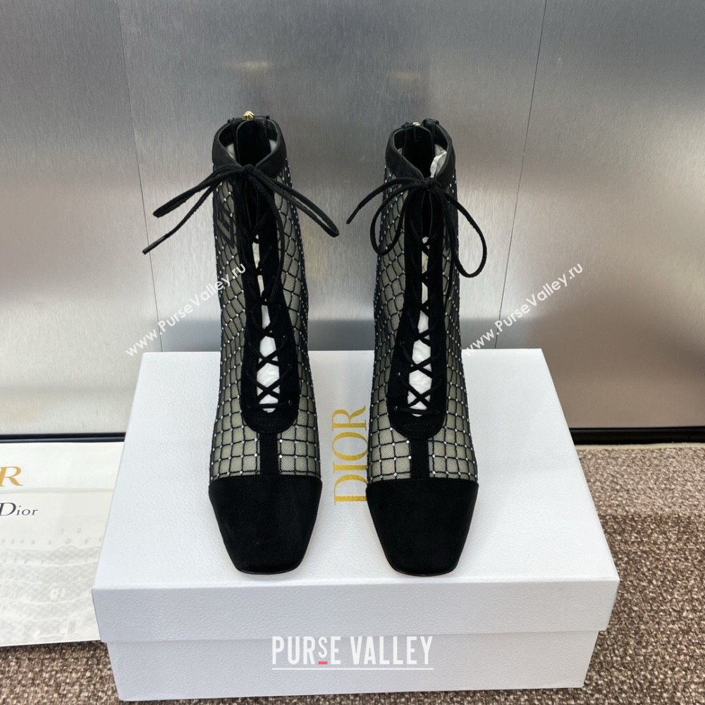 Dior Naughtily-D Heeled Ankle Boots 6.5cm in Transparent Mesh Embroidered with Strass and Black Suede 2024 (MD-241122042)