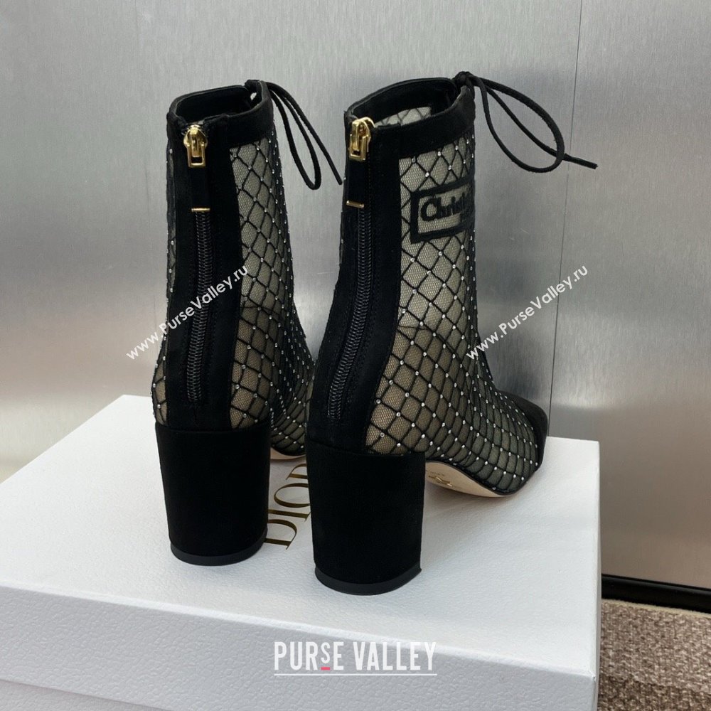 Dior Naughtily-D Heeled Ankle Boots 6.5cm in Transparent Mesh Embroidered with Strass and Black Suede 2024 (MD-241122042)