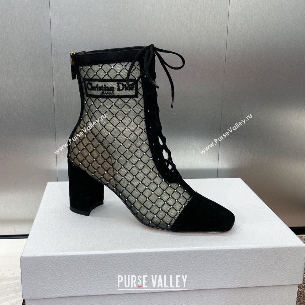 Dior Naughtily-D Heeled Ankle Boots 6.5cm in Transparent Mesh Embroidered with Strass and Black Suede 2024 (MD-241122042)