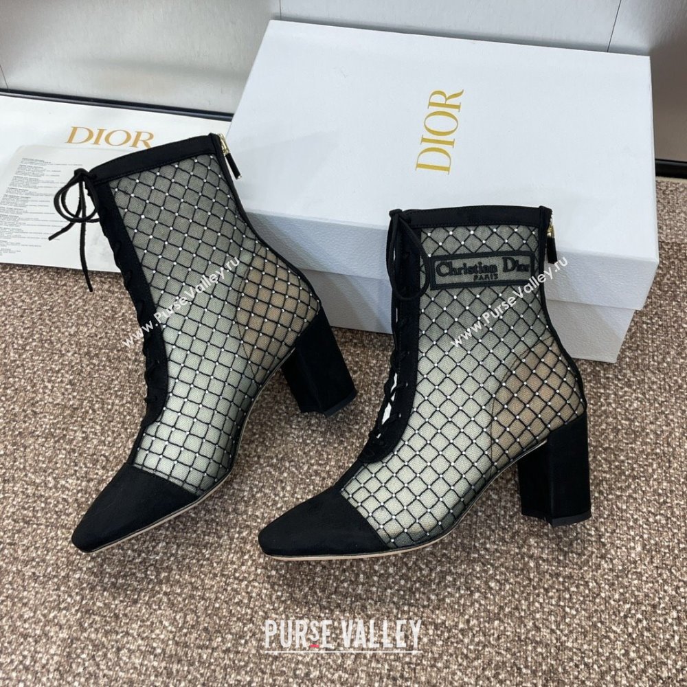 Dior Naughtily-D Heeled Ankle Boots 6.5cm in Transparent Mesh Embroidered with Strass and Black Suede 2024 (MD-241122042)