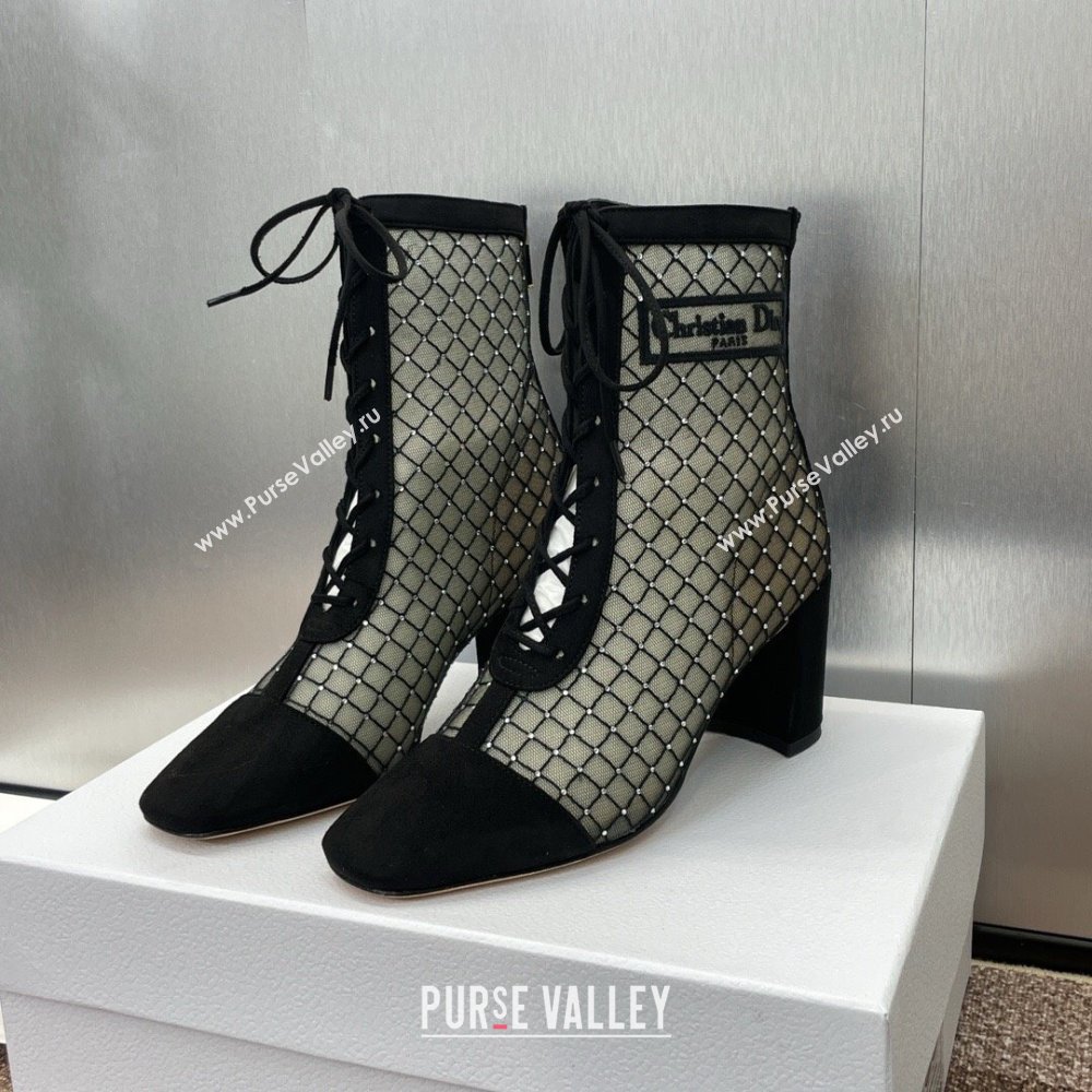 Dior Naughtily-D Heeled Ankle Boots 6.5cm in Transparent Mesh Embroidered with Strass and Black Suede 2024 (MD-241122042)