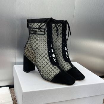 Dior Naughtily-D Heeled Ankle Boots 6.5cm in Transparent Mesh Embroidered with Strass and Black Suede 2024 (MD-241122042)