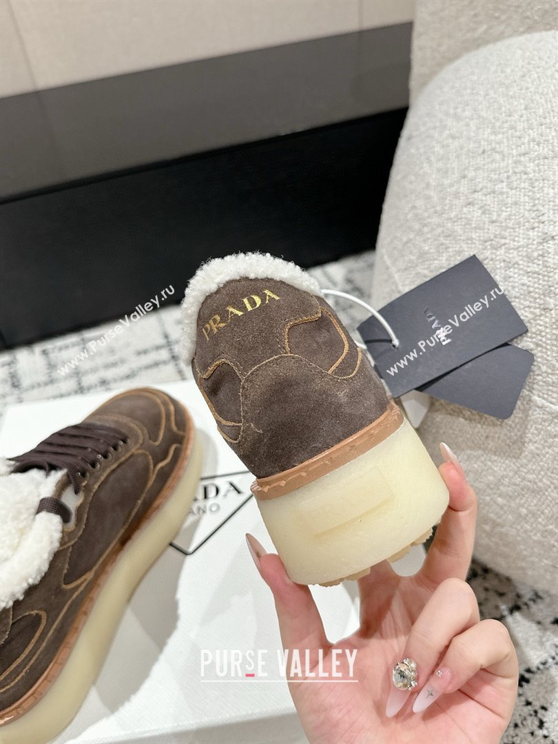 Prada Suede Mid-top Platform Sneakers with Shearling Lining 1T725N Taupe Grey 2024 (KER-241122053)