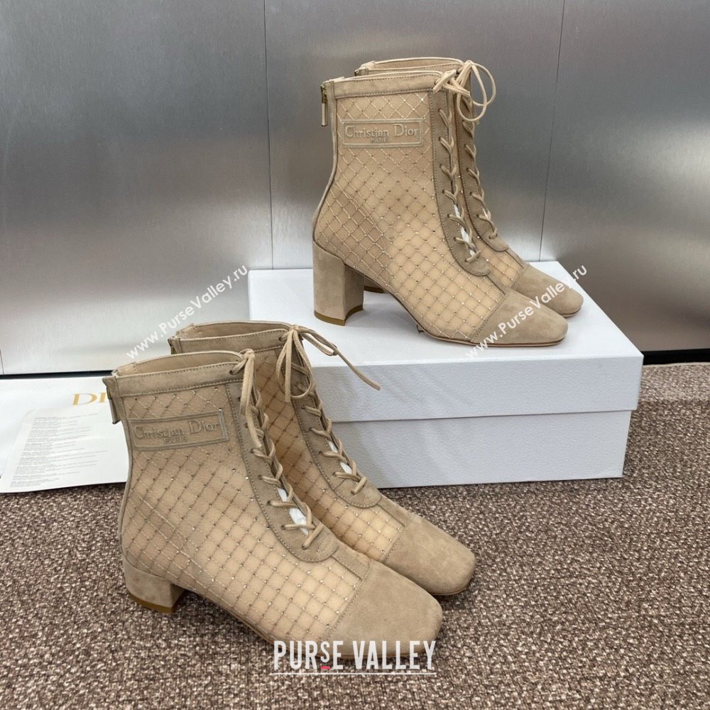 Dior Naughtily-D Heeled Ankle Boots 6.5cm in Transparent Mesh Embroidered with Strass and Beige Suede 2024 (MD-241122043)