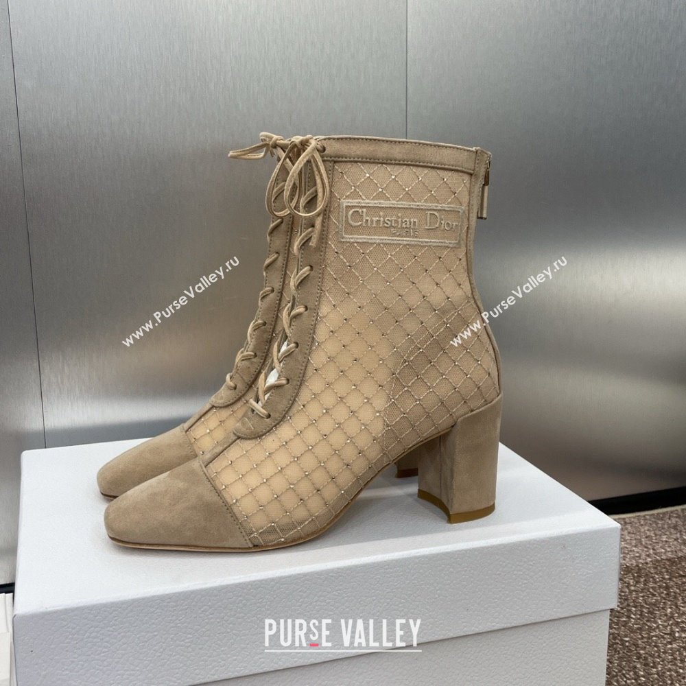 Dior Naughtily-D Heeled Ankle Boots 6.5cm in Transparent Mesh Embroidered with Strass and Beige Suede 2024 (MD-241122043)