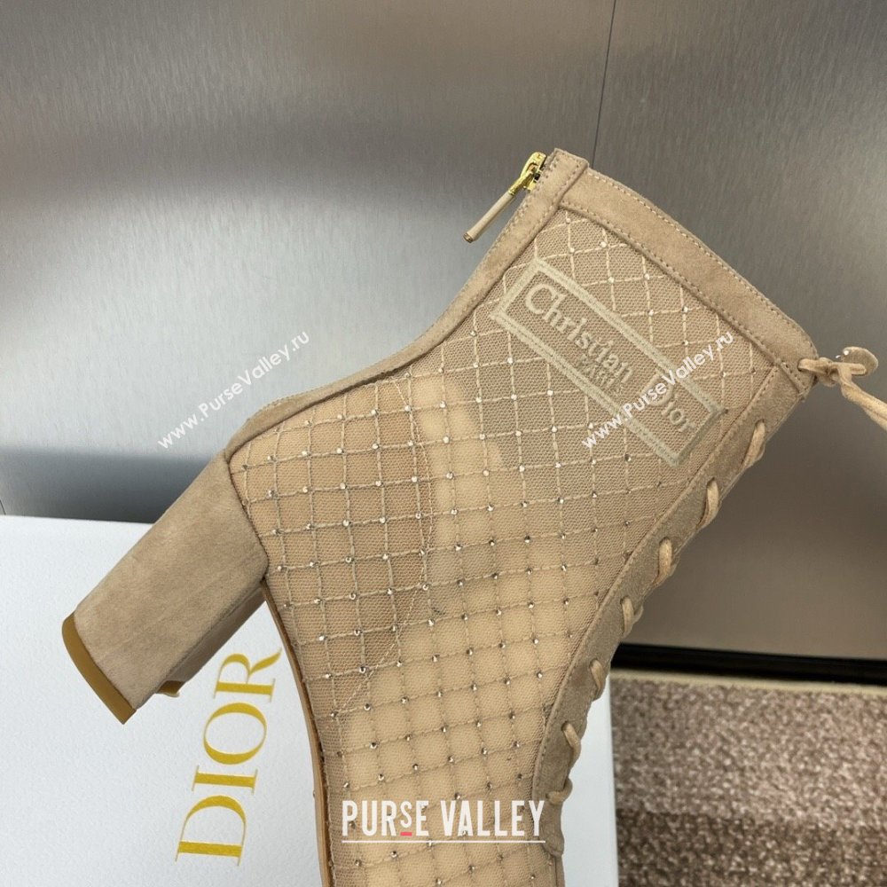 Dior Naughtily-D Heeled Ankle Boots 6.5cm in Transparent Mesh Embroidered with Strass and Beige Suede 2024 (MD-241122043)