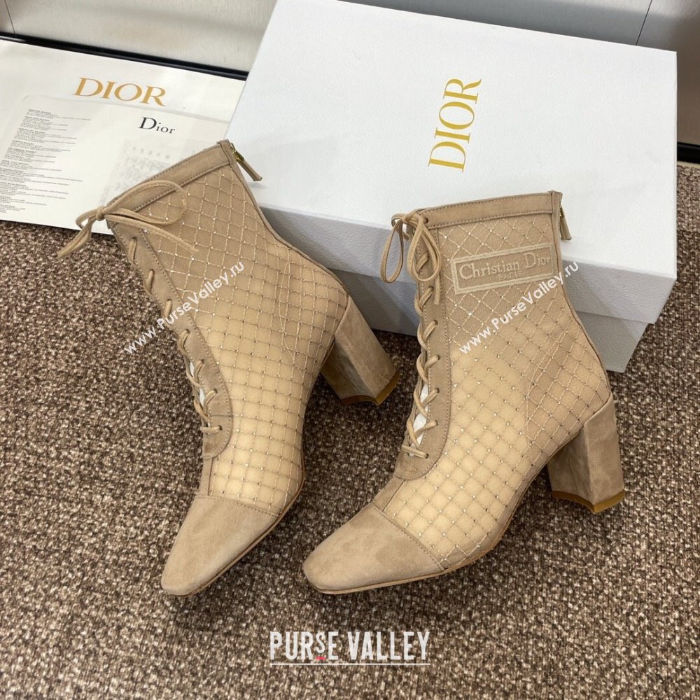 Dior Naughtily-D Heeled Ankle Boots 6.5cm in Transparent Mesh Embroidered with Strass and Beige Suede 2024 (MD-241122043)