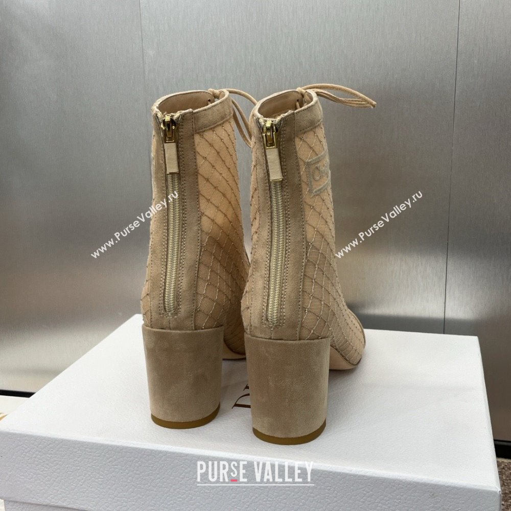 Dior Naughtily-D Heeled Ankle Boots 6.5cm in Transparent Mesh Embroidered with Strass and Beige Suede 2024 (MD-241122043)