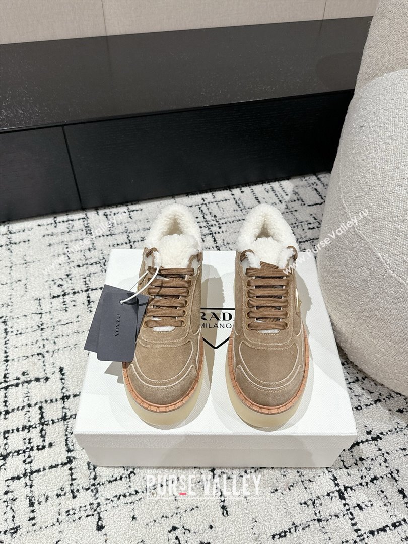 Prada Suede Mid-top Platform Sneakers with Shearling Lining 1T725N Beige 2024 (KER-241122054)