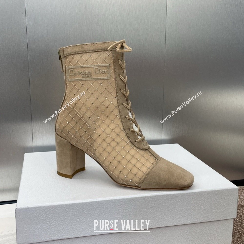 Dior Naughtily-D Heeled Ankle Boots 6.5cm in Transparent Mesh Embroidered with Strass and Beige Suede 2024 (MD-241122043)