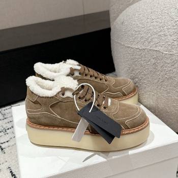 Prada Suede Mid-top Platform Sneakers with Shearling Lining 1T725N Beige 2024 (KER-241122054)