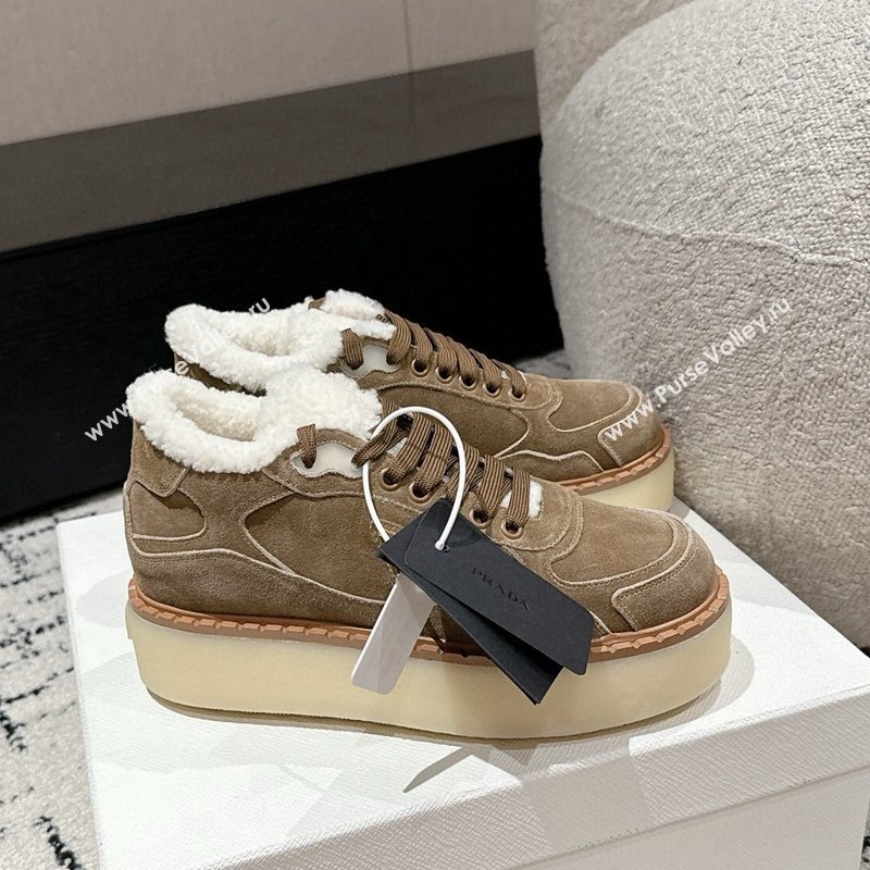 Prada Suede Mid-top Platform Sneakers with Shearling Lining 1T725N Beige 2024 (KER-241122054)