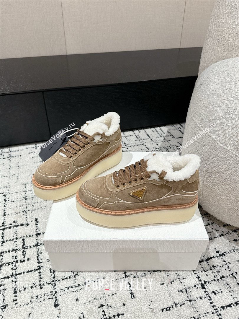 Prada Suede Mid-top Platform Sneakers with Shearling Lining 1T725N Beige 2024 (KER-241122054)