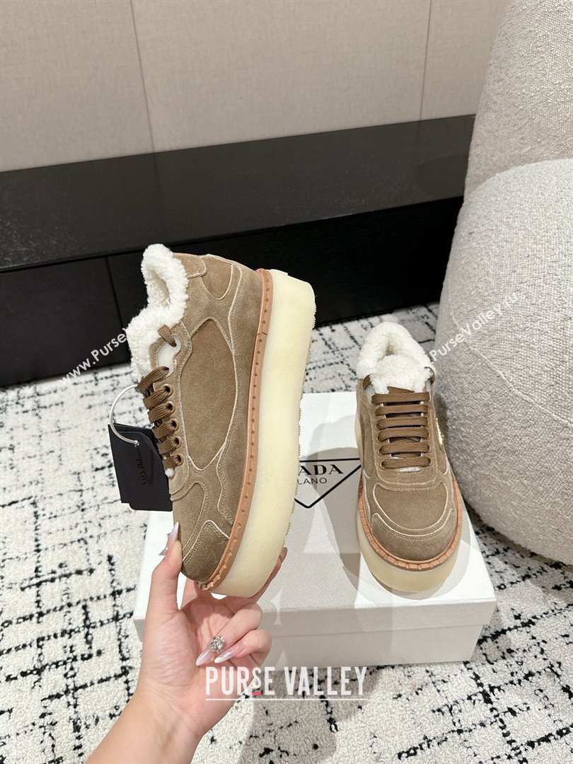 Prada Suede Mid-top Platform Sneakers with Shearling Lining 1T725N Beige 2024 (KER-241122054)