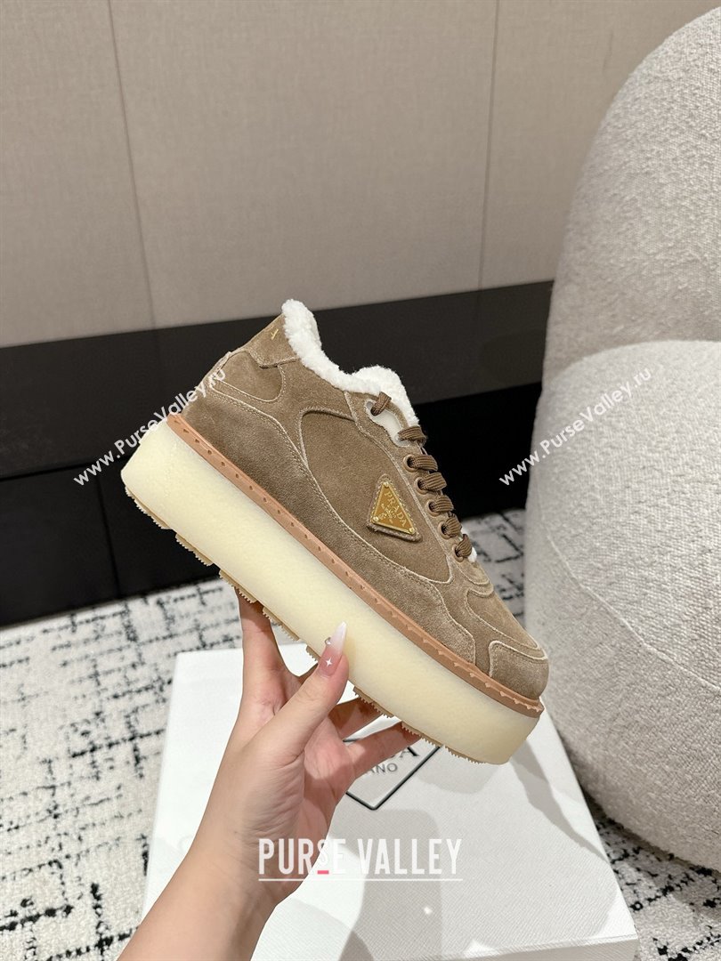 Prada Suede Mid-top Platform Sneakers with Shearling Lining 1T725N Beige 2024 (KER-241122054)