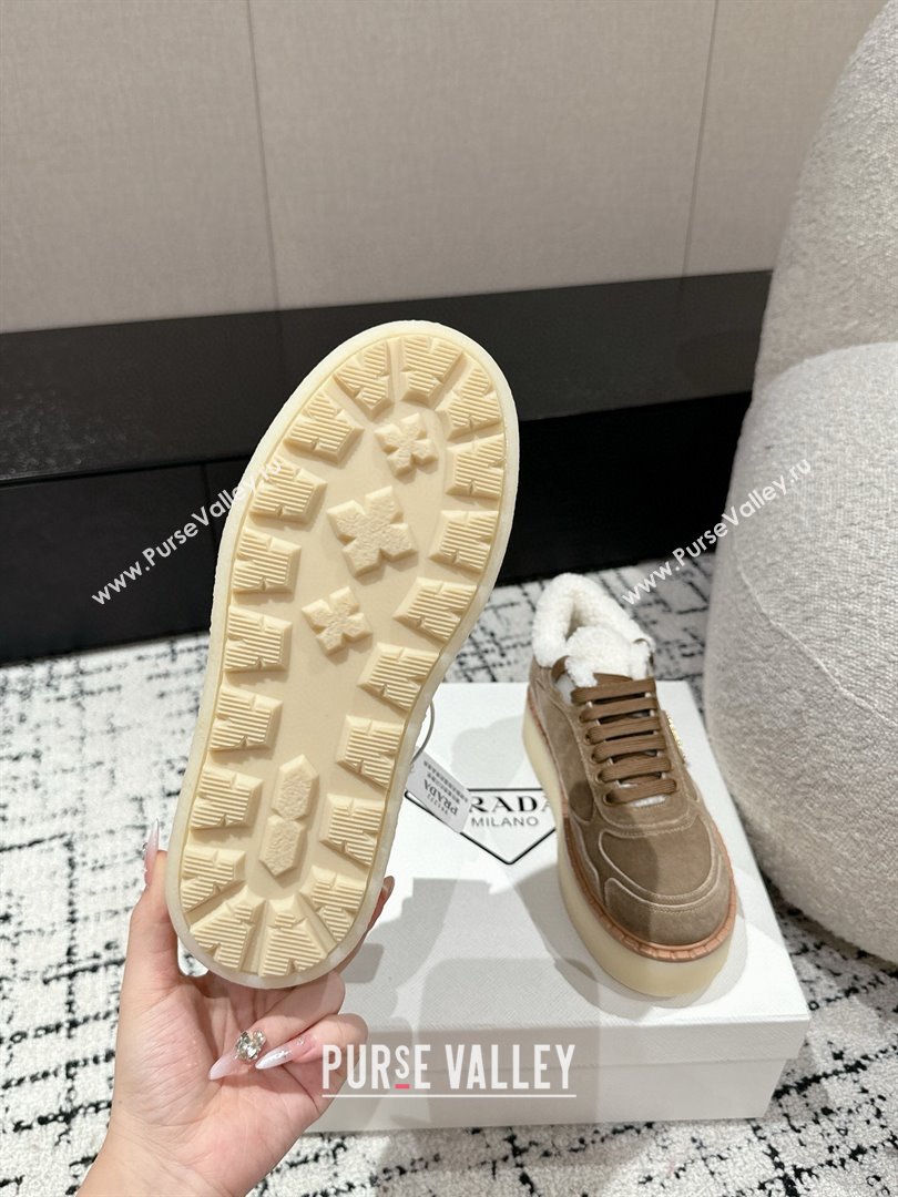 Prada Suede Mid-top Platform Sneakers with Shearling Lining 1T725N Beige 2024 (KER-241122054)