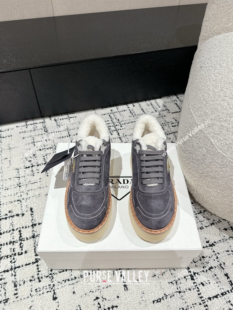 Prada Suede Mid-top Platform Sneakers with Shearling Lining 1T725N Dark Grey 2024 (KER-241122055)