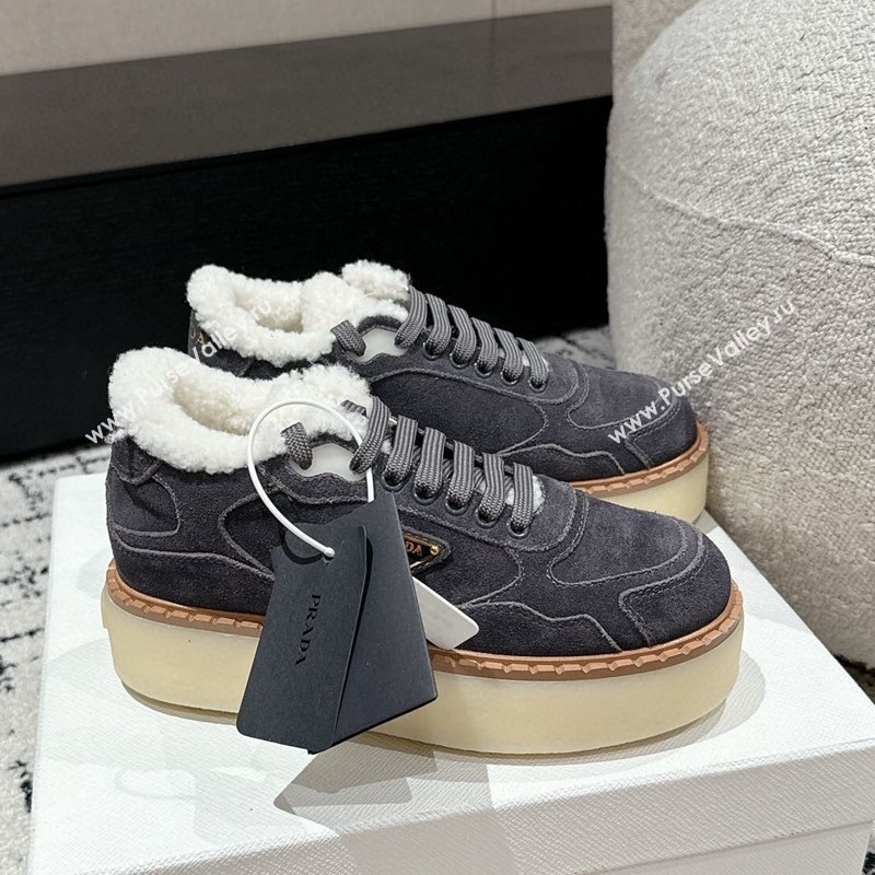 Prada Suede Mid-top Platform Sneakers with Shearling Lining 1T725N Dark Grey 2024 (KER-241122055)