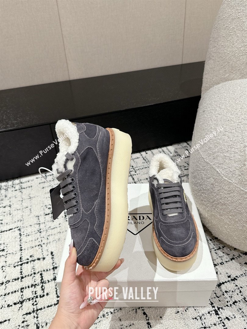 Prada Suede Mid-top Platform Sneakers with Shearling Lining 1T725N Dark Grey 2024 (KER-241122055)