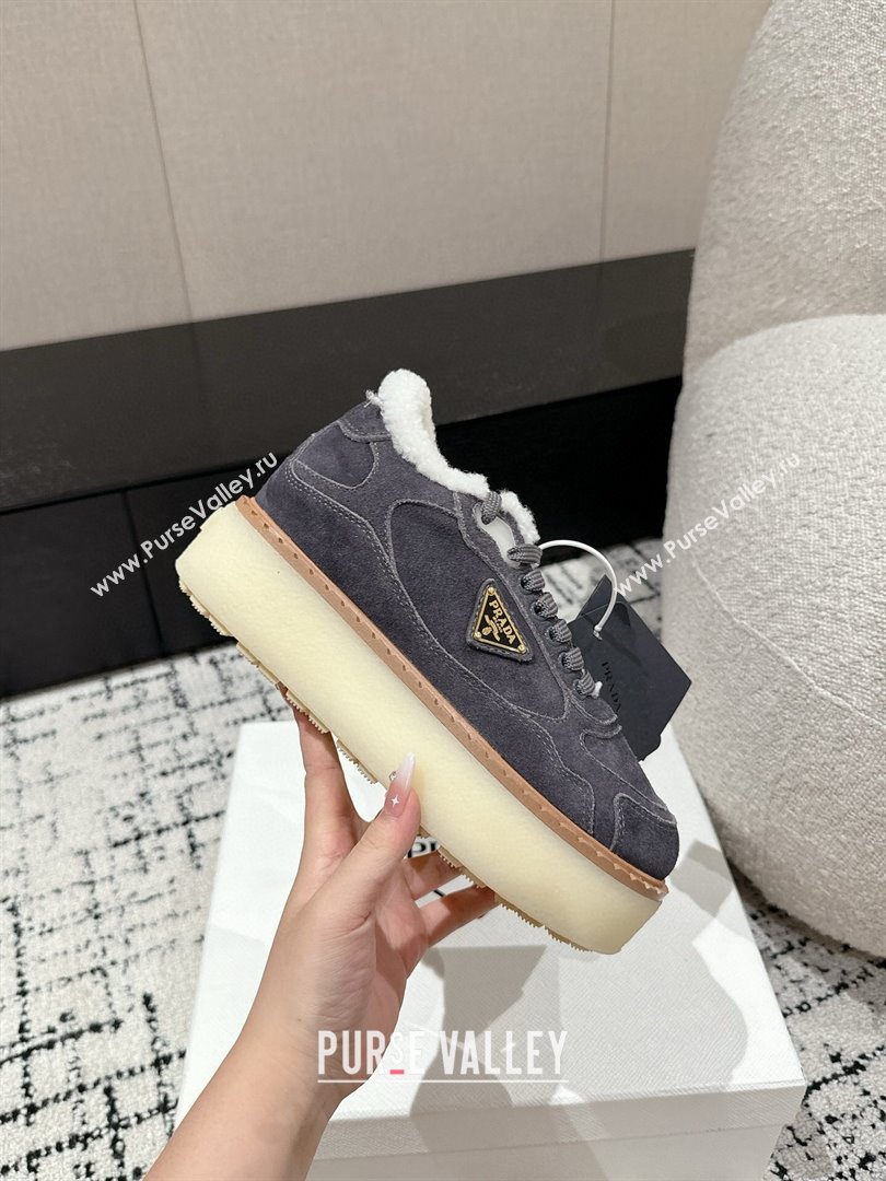 Prada Suede Mid-top Platform Sneakers with Shearling Lining 1T725N Dark Grey 2024 (KER-241122055)