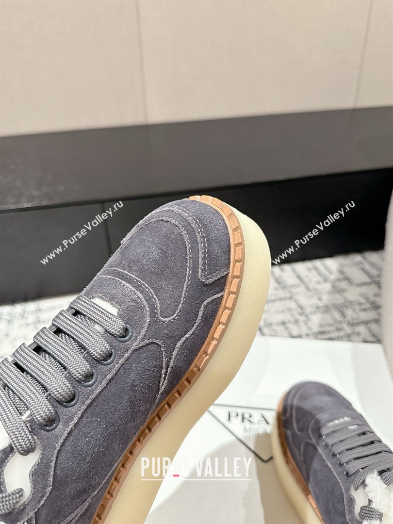 Prada Suede Mid-top Platform Sneakers with Shearling Lining 1T725N Dark Grey 2024 (KER-241122055)