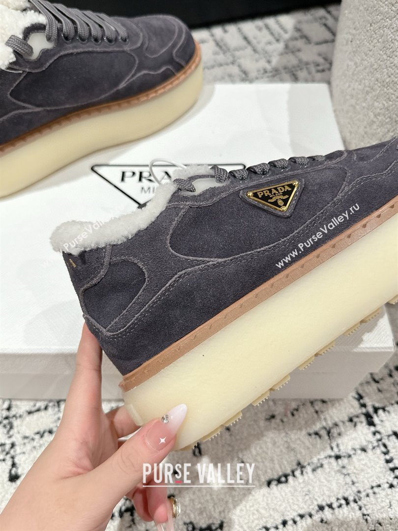 Prada Suede Mid-top Platform Sneakers with Shearling Lining 1T725N Dark Grey 2024 (KER-241122055)