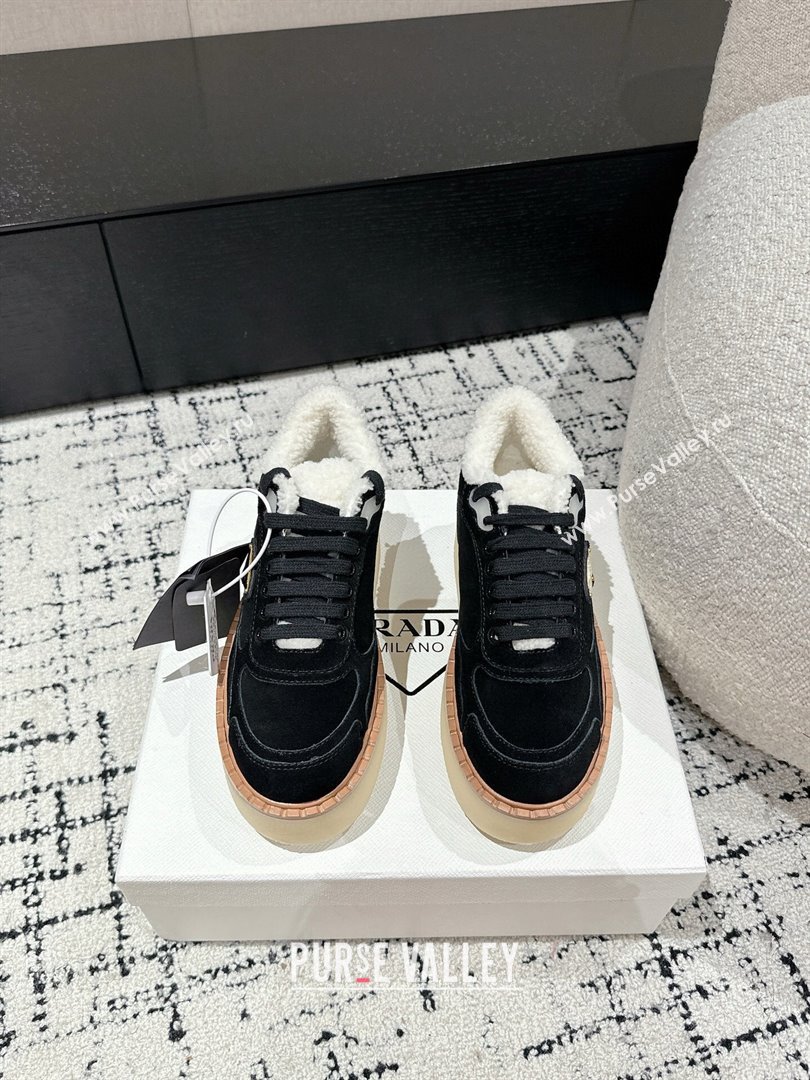 Prada Suede Mid-top Platform Sneakers with Shearling Lining 1T725N Black 2024 (KER-241122056)