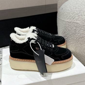 Prada Suede Mid-top Platform Sneakers with Shearling Lining 1T725N Black 2024 (KER-241122056)