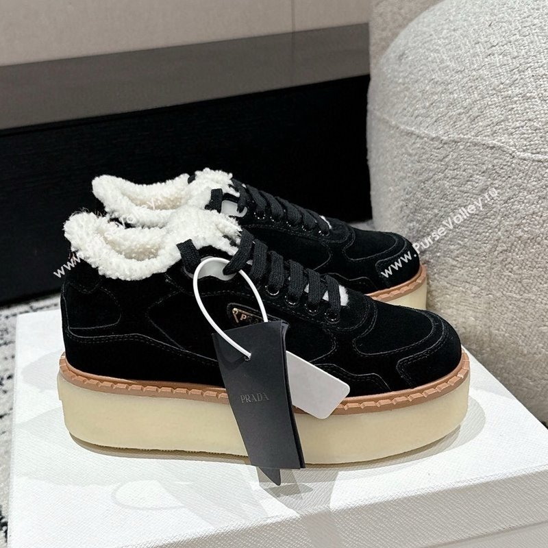 Prada Suede Mid-top Platform Sneakers with Shearling Lining 1T725N Black 2024 (KER-241122056)