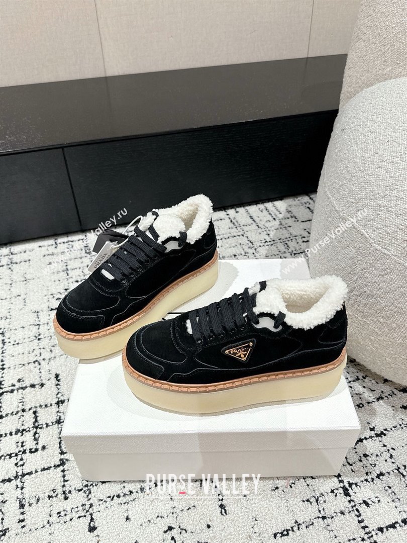 Prada Suede Mid-top Platform Sneakers with Shearling Lining 1T725N Black 2024 (KER-241122056)