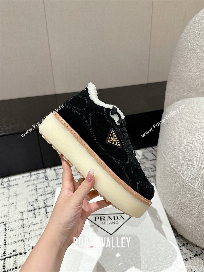 Prada Suede Mid-top Platform Sneakers with Shearling Lining 1T725N Black 2024 (KER-241122056)