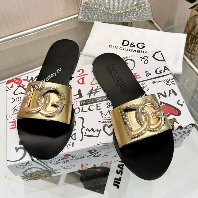 Dolce Gabbana DG Calfskin Flat Slides Sandals Gold-Tone 2025 DG022401 (MD-250224032)