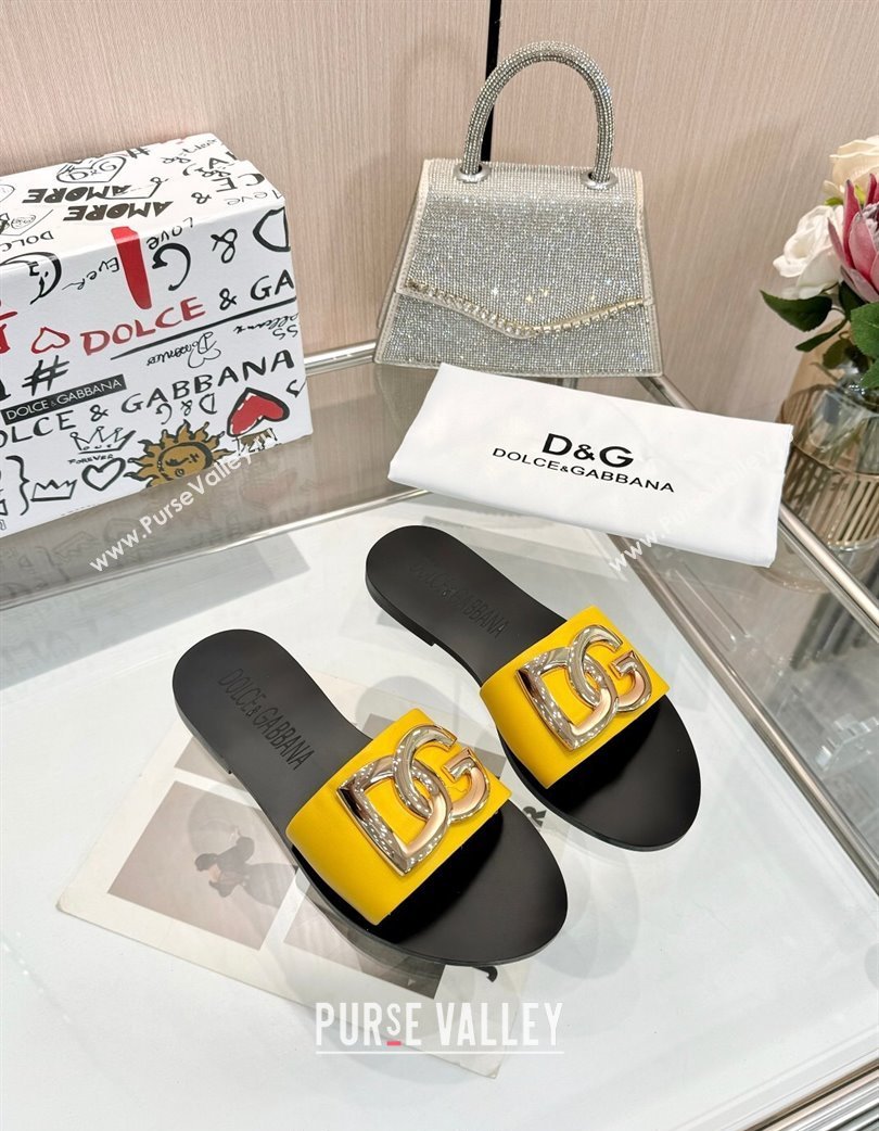 Dolce Gabbana DG Calfskin Flat Slides Sandals Yellow 2025 DG022401 (MD-250224035)