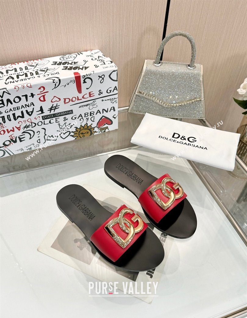 Dolce Gabbana DG Calfskin Flat Slides Sandals Red 2025 DG022401 (MD-250224036)