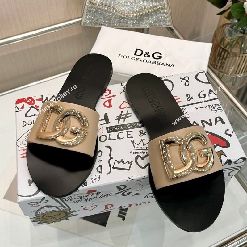 Dolce Gabbana DG Calfskin Flat Slides Sandals Beige 2025 DG022401 (MD-250224037)