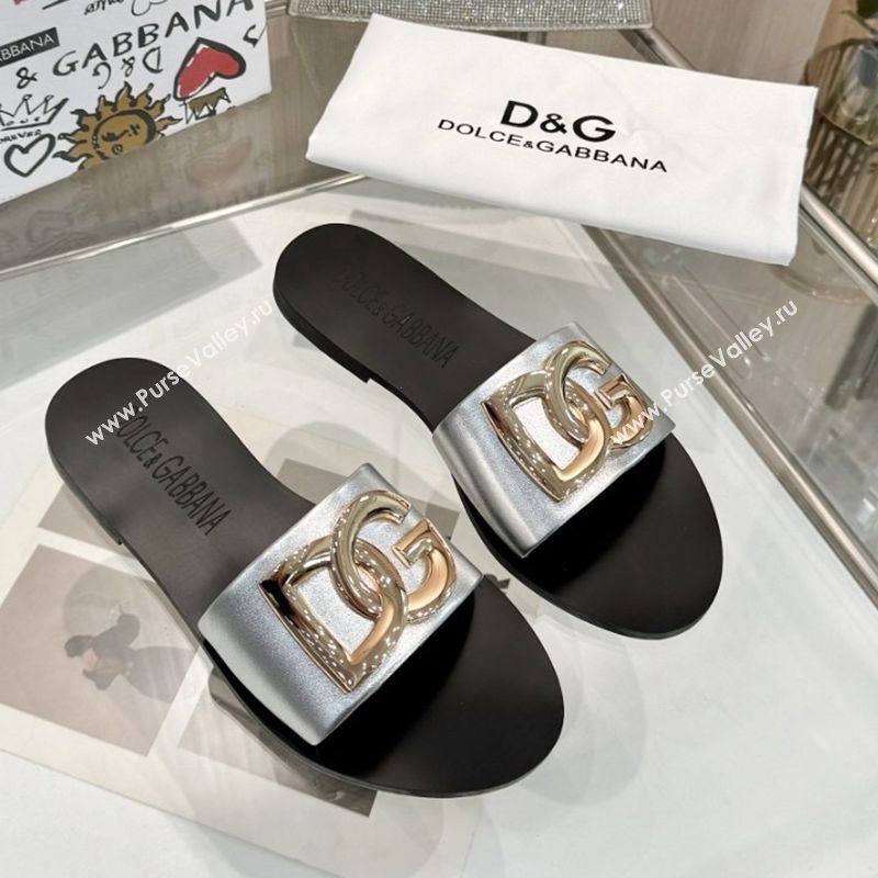 Dolce Gabbana DG Calfskin Flat Slides Sandals Silver-Tone 2025 DG022401 (MD-250224039)