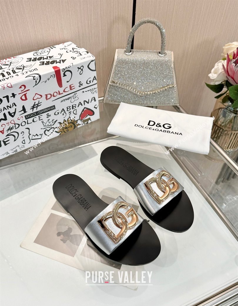 Dolce Gabbana DG Calfskin Flat Slides Sandals Silver-Tone 2025 DG022401 (MD-250224039)