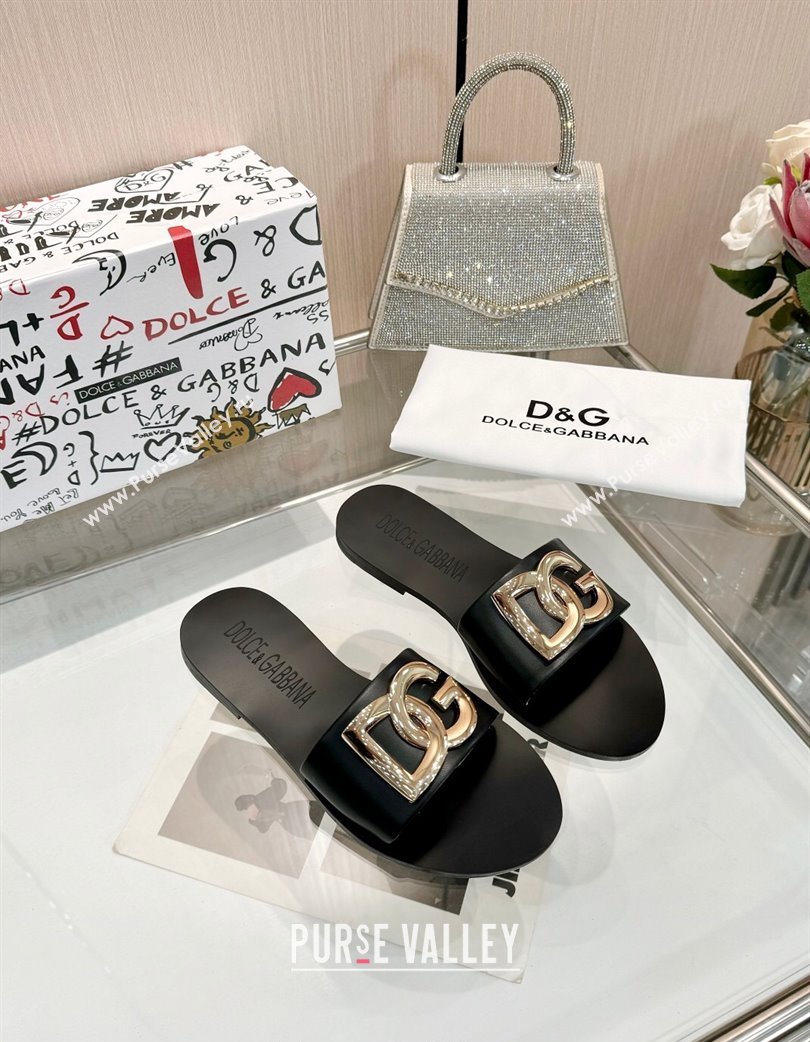 Dolce Gabbana DG Calfskin Flat Slides Sandals Black 2025 DG022401 (MD-250224040)