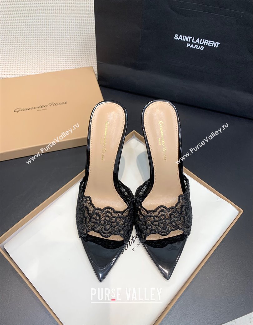 Gianvito Rossi Rania Heel Slides Sandal 10.5cm in Lace Black 2025 0225 (KER-250225038)
