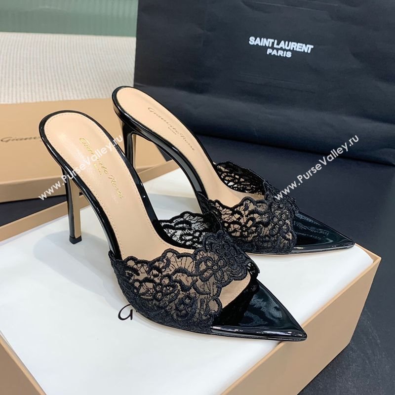 Gianvito Rossi Rania Heel Slides Sandal 10.5cm in Lace Black 2025 0225 (KER-250225038)