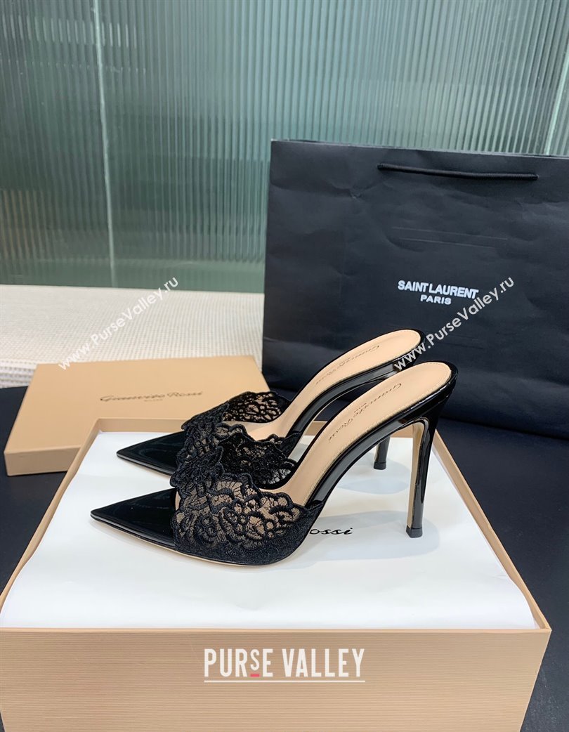 Gianvito Rossi Rania Heel Slides Sandal 10.5cm in Lace Black 2025 0225 (KER-250225038)