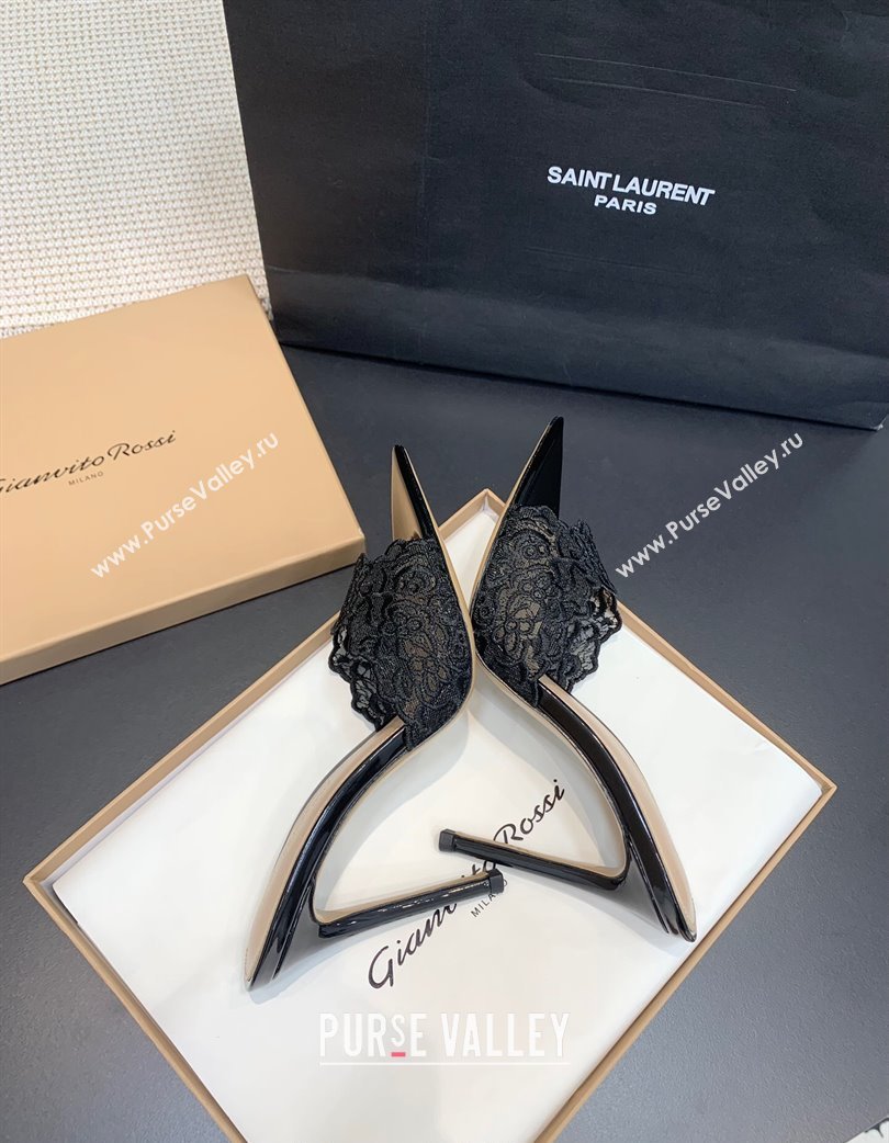 Gianvito Rossi Rania Heel Slides Sandal 10.5cm in Lace Black 2025 0225 (KER-250225038)