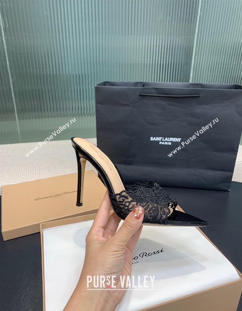 Gianvito Rossi Rania Heel Slides Sandal 10.5cm in Lace Black 2025 0225 (KER-250225038)