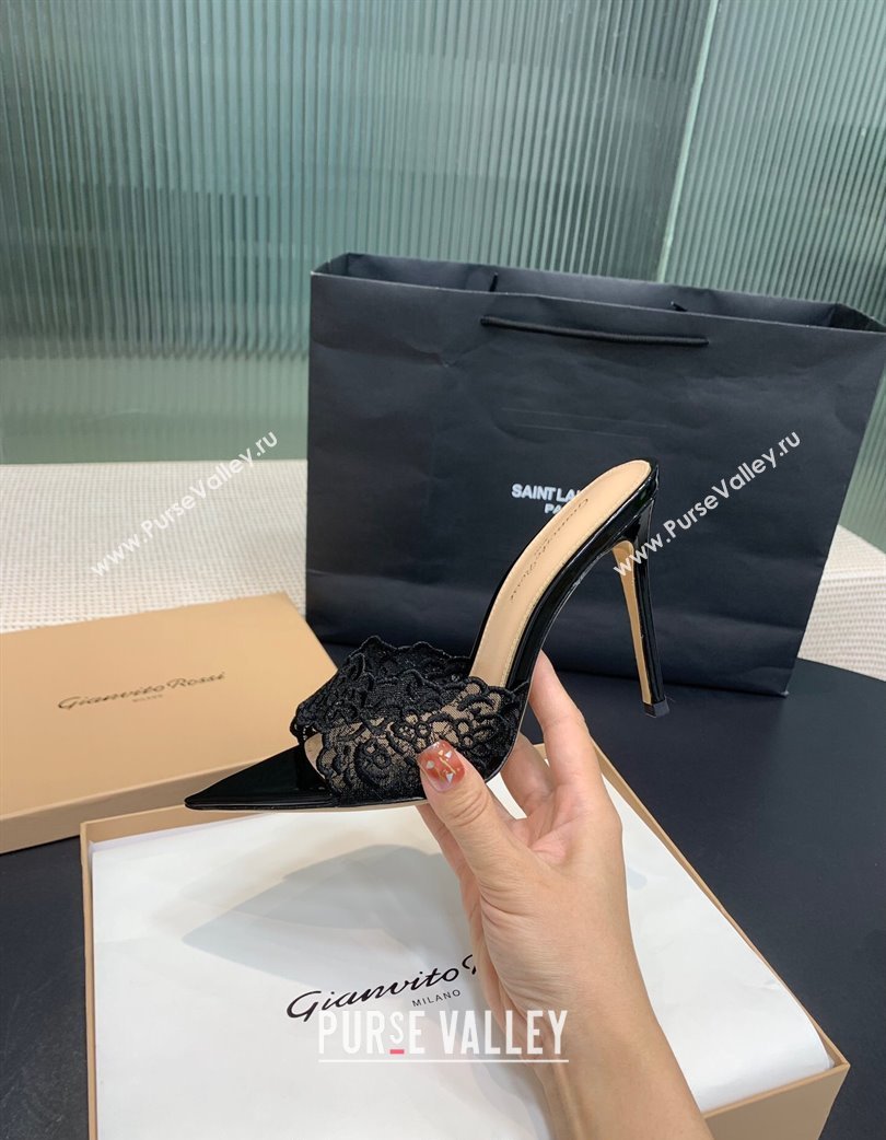 Gianvito Rossi Rania Heel Slides Sandal 10.5cm in Lace Black 2025 0225 (KER-250225038)
