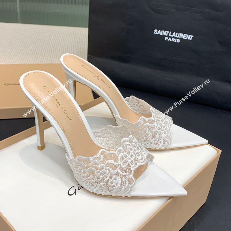 Gianvito Rossi Rania Heel Slides Sandal 10.5cm in Lace White 2025 0225 (KER-250225039)