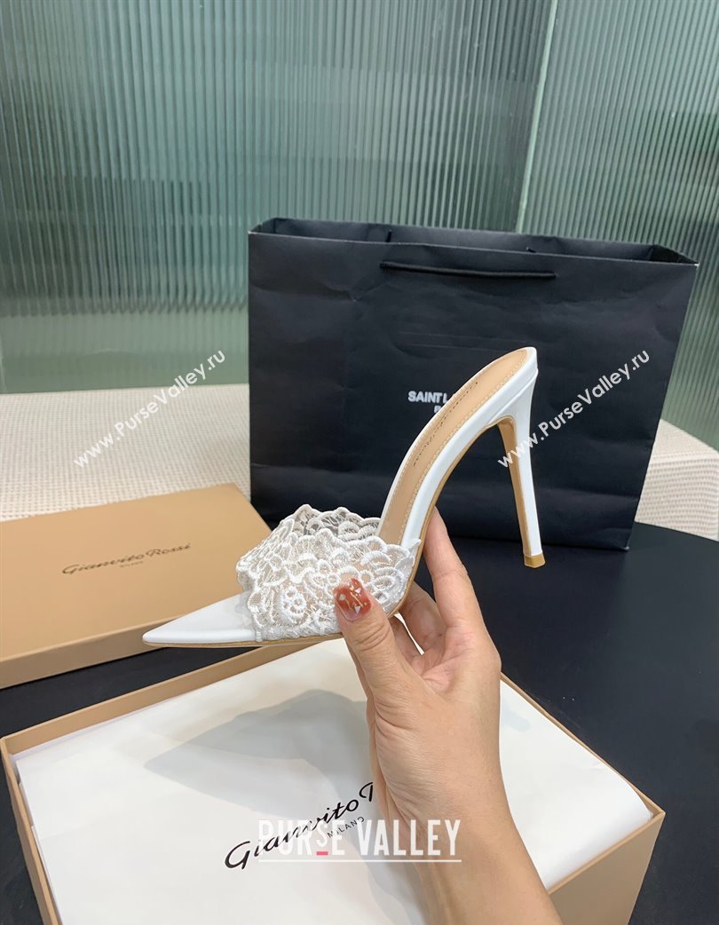 Gianvito Rossi Rania Heel Slides Sandal 10.5cm in Lace White 2025 0225 (KER-250225039)