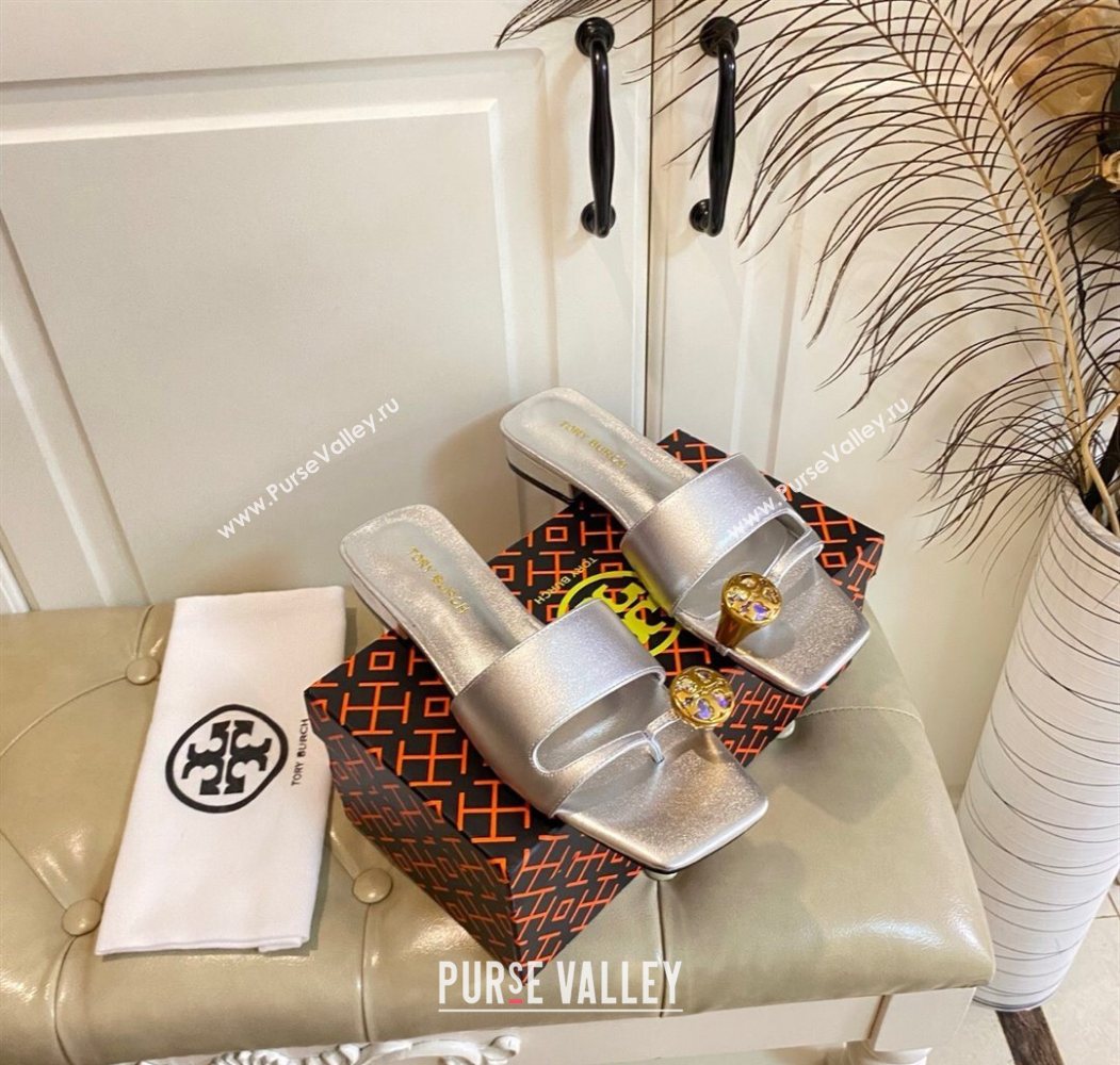 Tory Burch Leather Flat Thong Slides Sandal Silver 2025 0711 (MD-250711028)